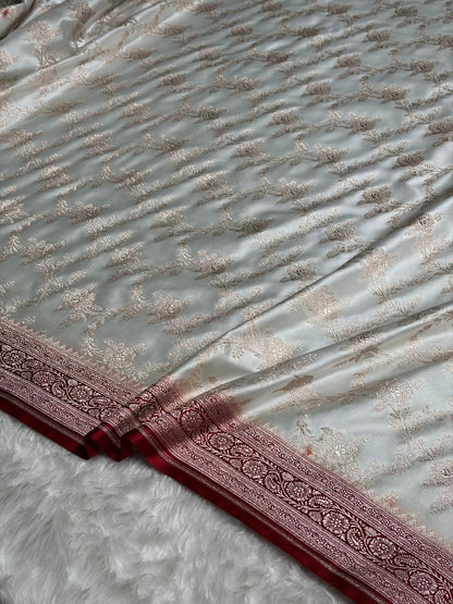 Contrast White with Maroon Floral Jaal Mashru Silk Saree  MS28