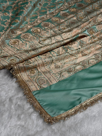 Sea Green Swavroski & Zardozi Work With Gotta Patti Jaal Pattern Satin Katan Silk Saree BSKGP25