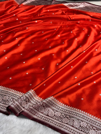 Contrast Rust Orange with Chocolate Shades Booti Mashru Silk Saree MS64