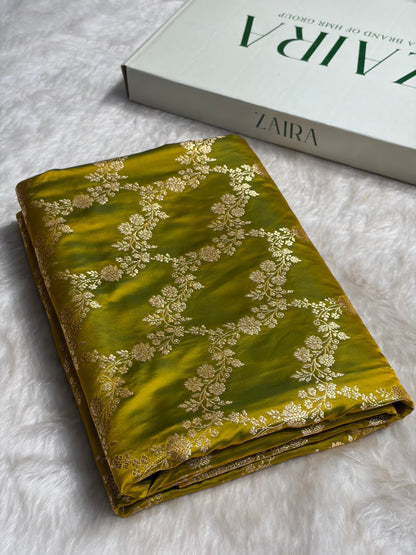 Mehandi Floral Jaal Pattern Satin Katan Silk Saree SK43