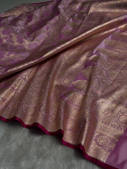 Baby Pink Jaal Pattern Satin Katan Silk Saree SK25
