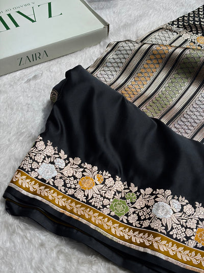 Banarasi Black Shades Floral Minakari Skirt Border Mashru Silk Saree MSM-83