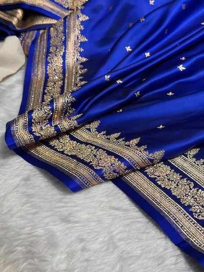 Cross Royal Blue Banarasi Swarovski Work Booti Katan Silk Saree BSKM17