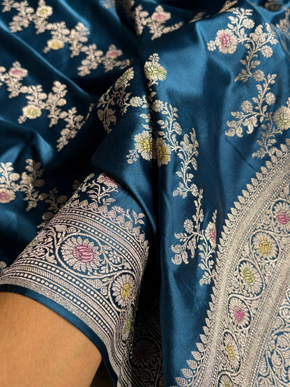 German Blue Minakari Cross Pattern Mashru Silk Saree MCS01