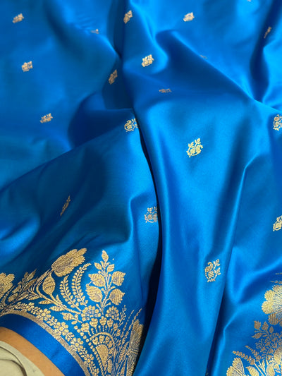 Banarasi Satin Katan Saree Floral Border Pattern in Blue Shades SK143