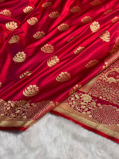 Reddish Magenta Unique Boota Pattern Satin Katan Silk Saree SK70