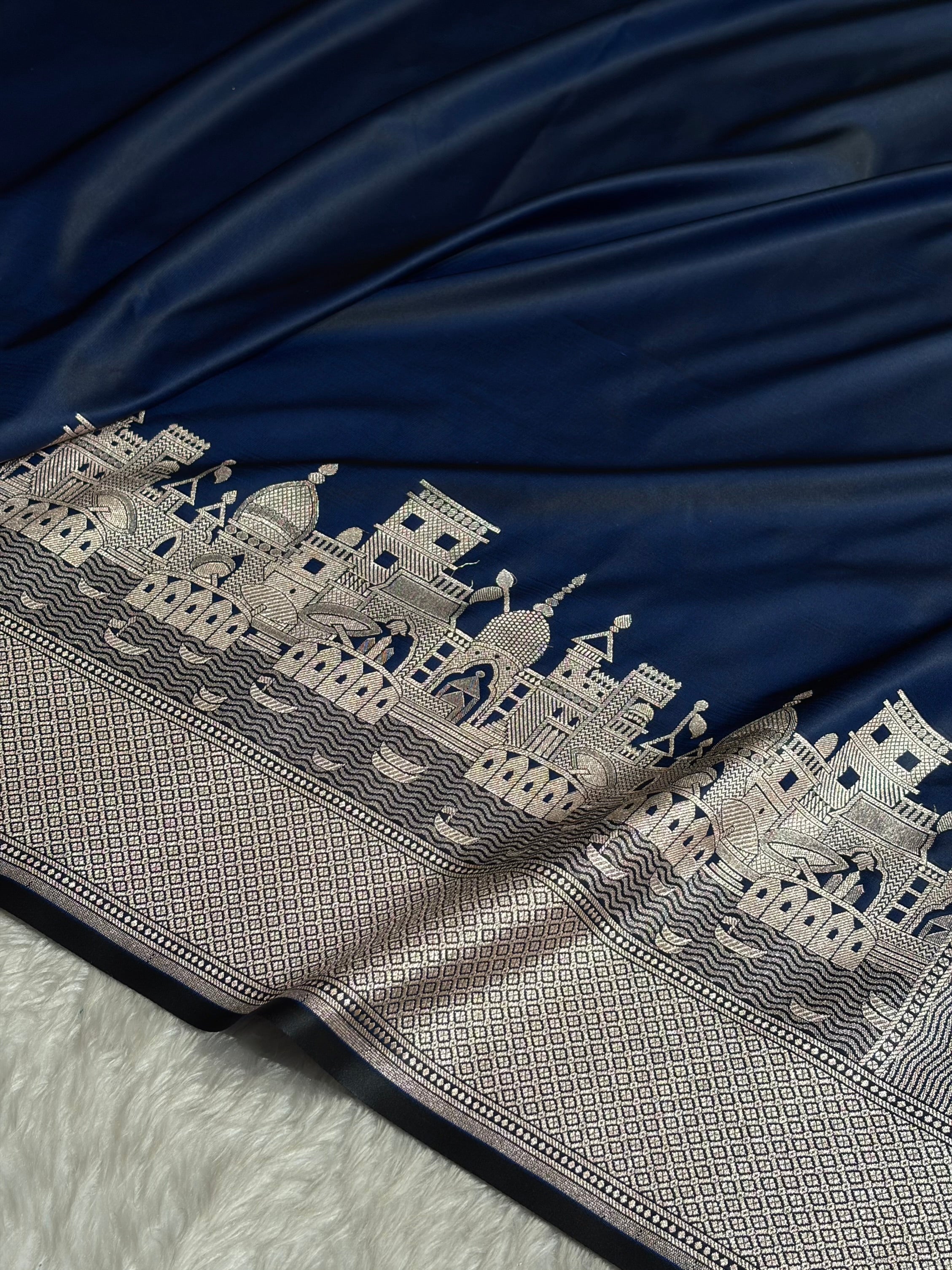 Cross Navy Shades Ghat Pattern Satin Katan Silk Saree SK19