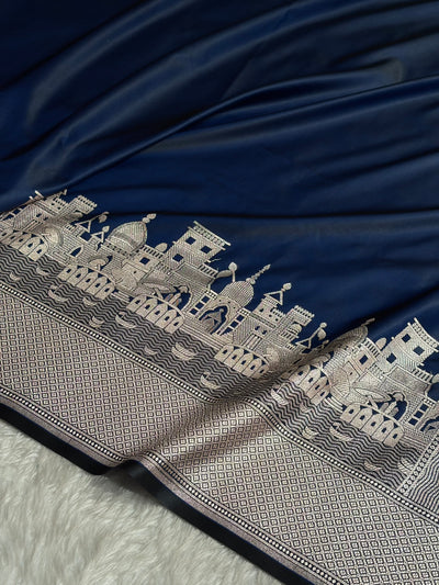 Cross Navy Shades Ghat Pattern Satin Katan Silk Saree SK19