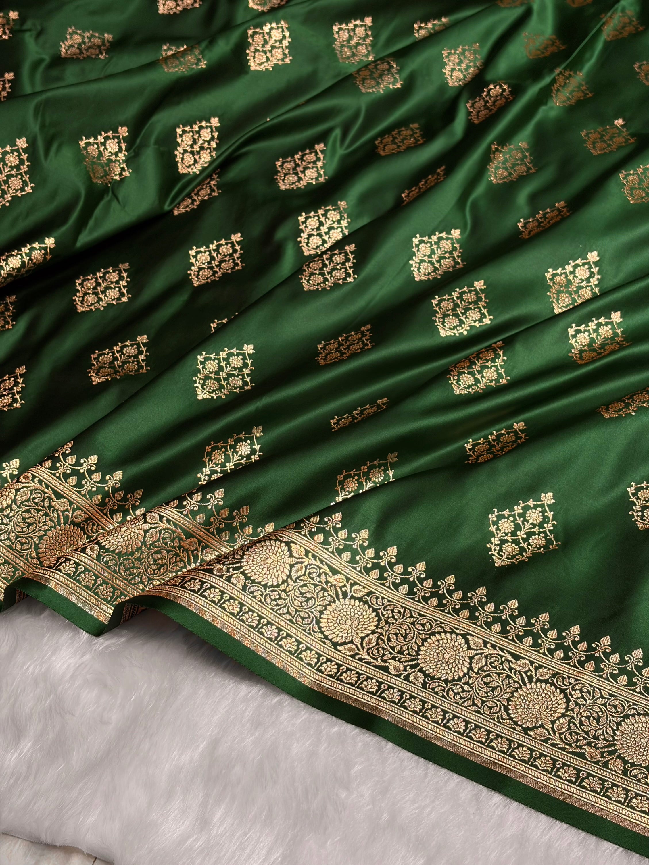 Bottle Green Floral Boota Satin Katan Silk saree SK35