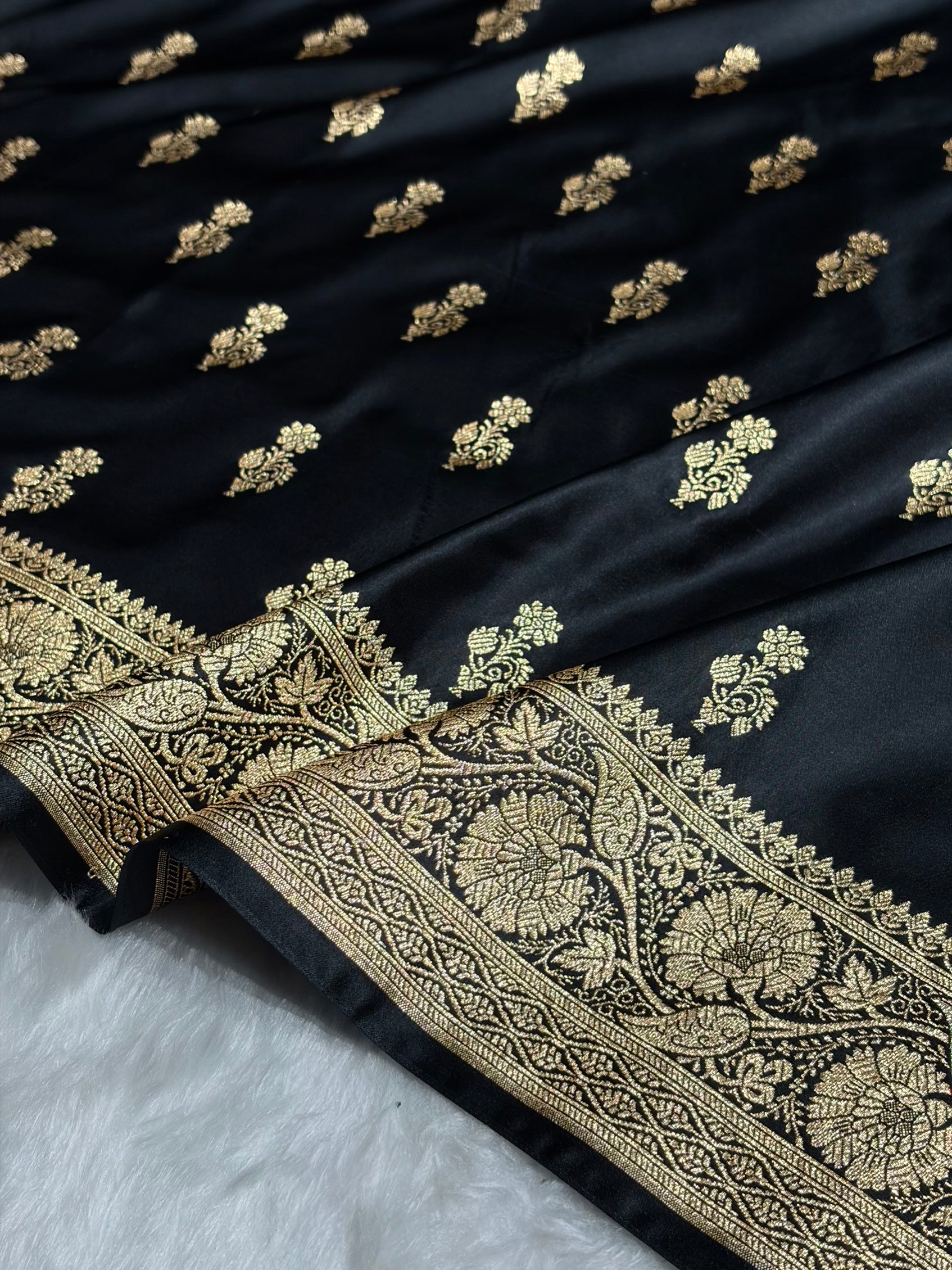 Black Unique Boota Pattern Satin Katan Silk Saree SK68