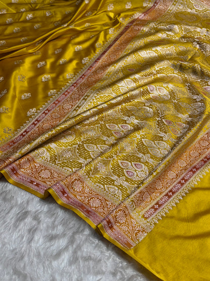 Mustard Shades Banarasi Minakari Floral Border Boota Mashru Silk Saree MS66