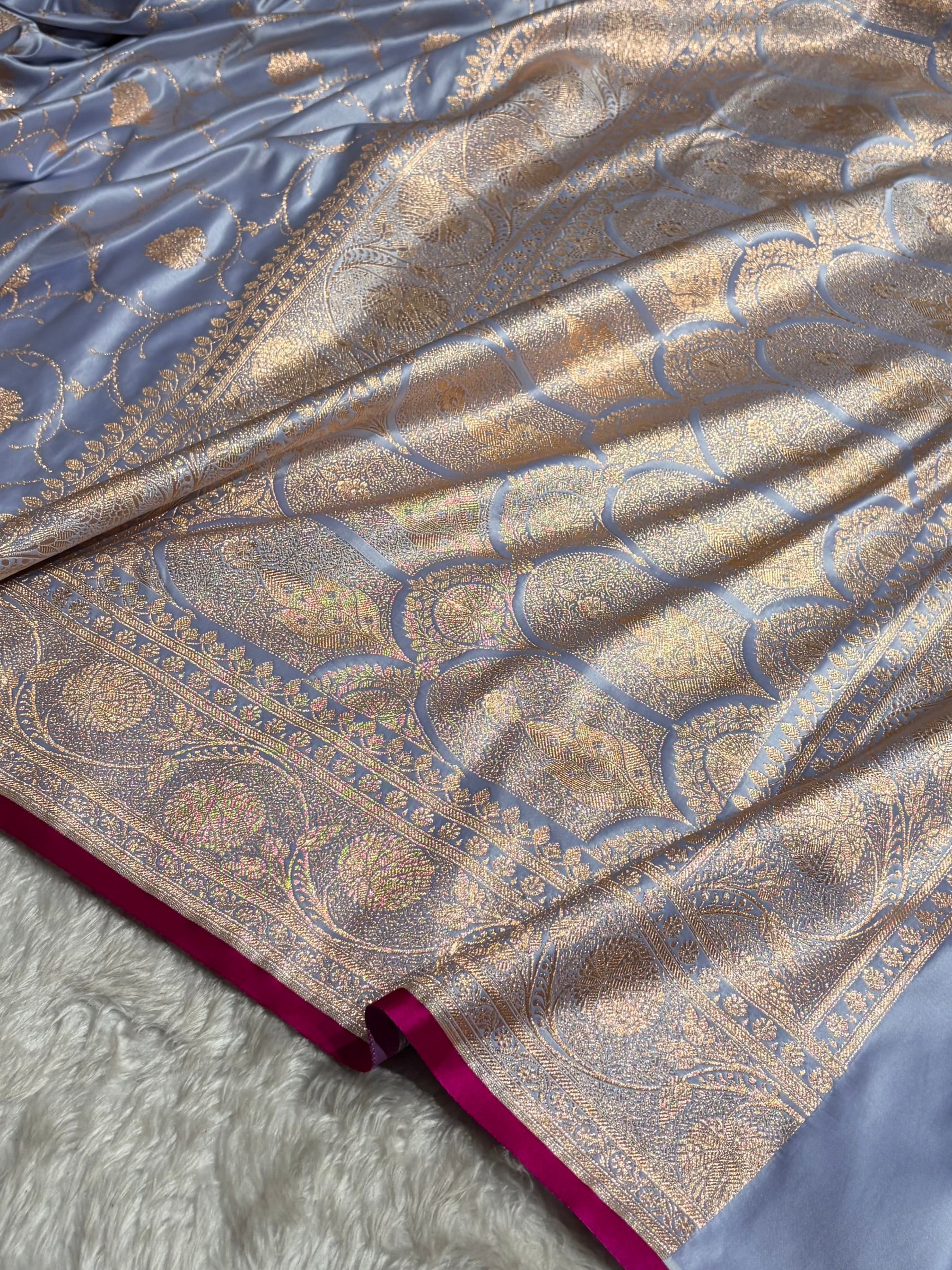 Powder Lavender Banarasi Jaal Satin Katan Silk Saree SK06