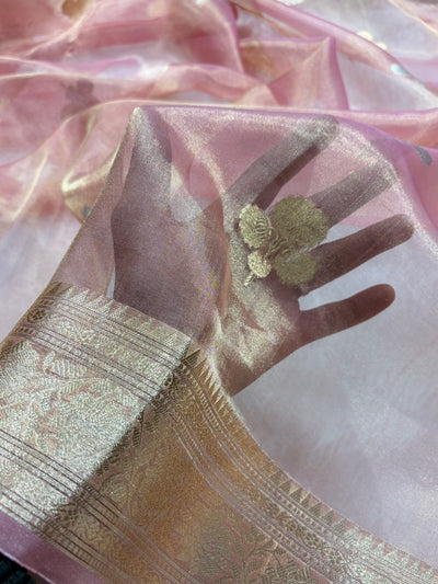Pinkish Peach Bananasi Floral Shades Pure Tissue Silk Saree PT-49