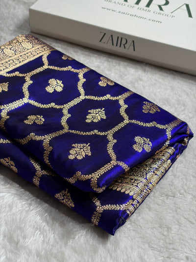 Royal Blue Shades Jaal Pattern Banarasi Satin Silk Saree SS57
