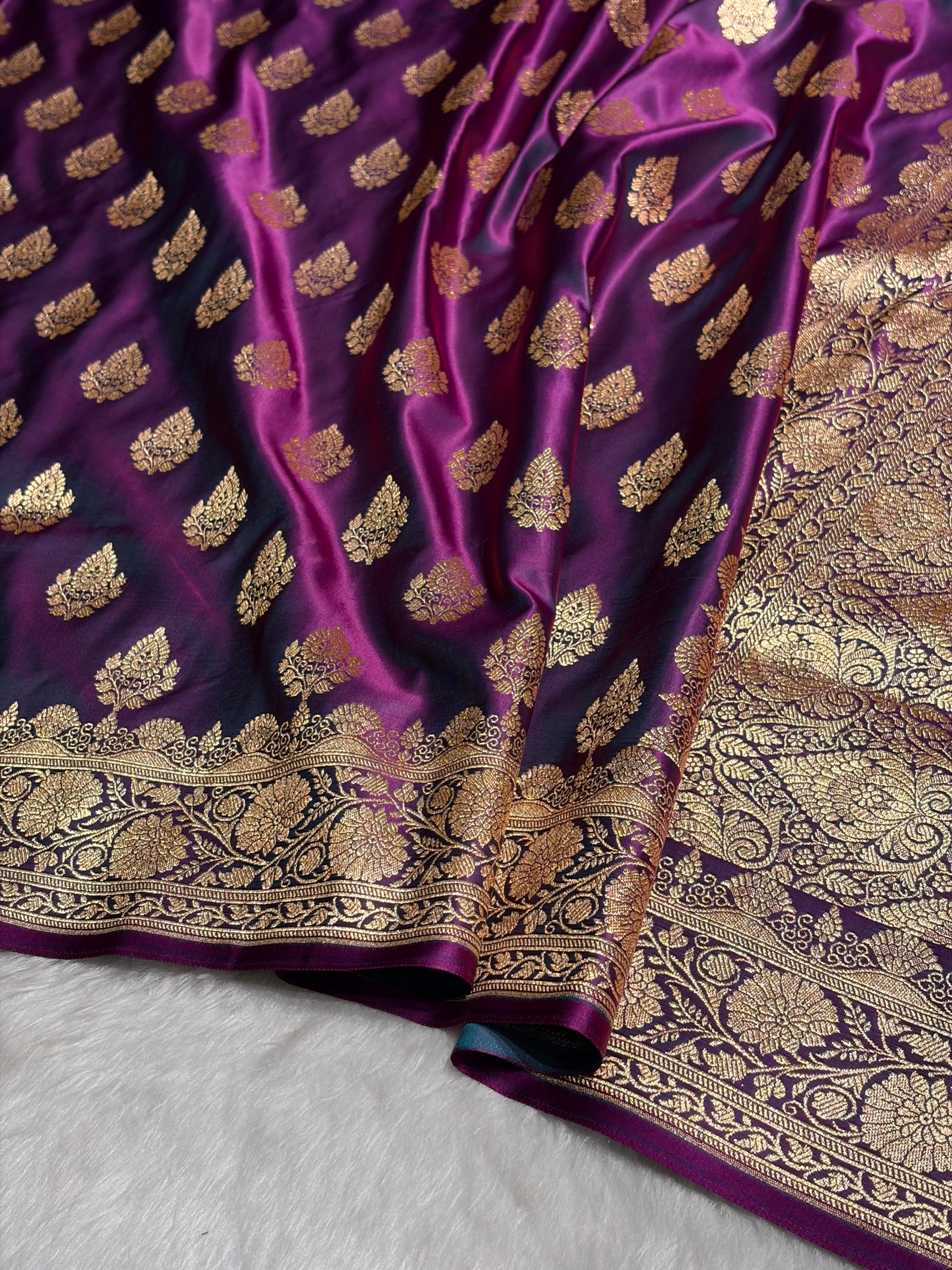 Wine Floral Boota Pattern Satin Katan Silk saree SK45