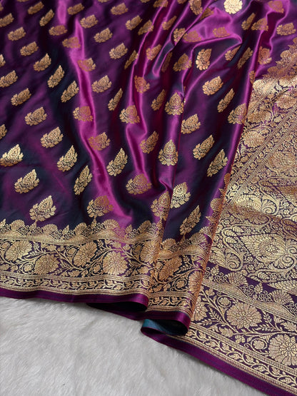 Wine Floral Boota Pattern Satin Katan Silk saree SK45