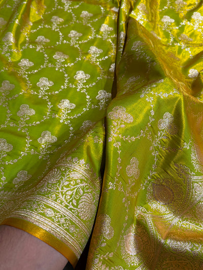 Banarasi Satin Silk Saree Jaal in Liril Green Shades SS23