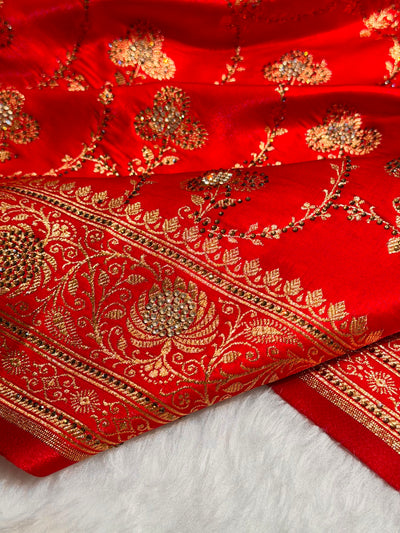 Satin Silk Saree Banarasi Swarovski Work Jaal in Red Shades BSS23 (R)