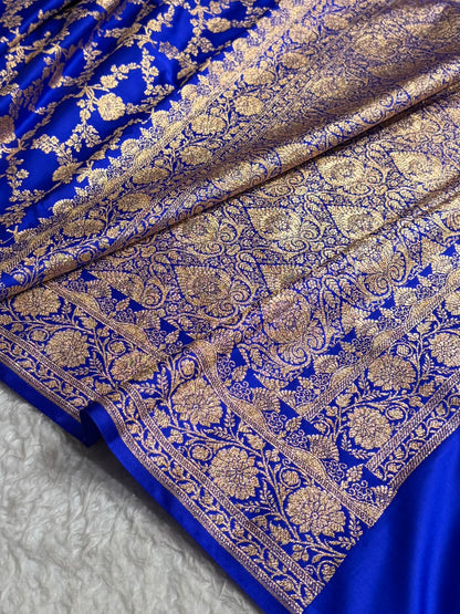 Royal Blue Shades Jaal Floral Pattern Satin Katan Silk Saree SK80