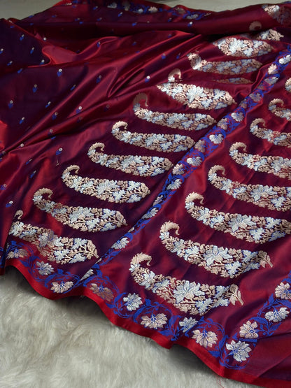 Reddish Navy Blue Floral Boota With Floral Border Mashru Silk Saree MSM 78