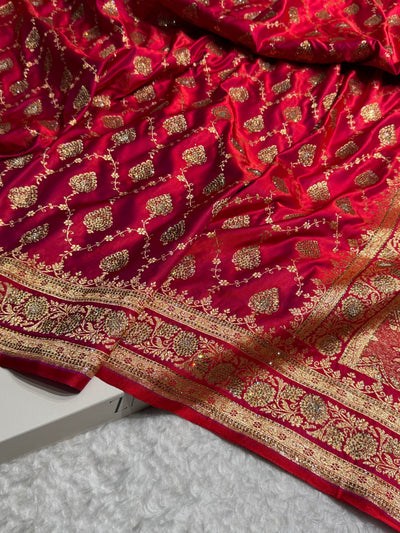 Cross Red Floral Jaal Pattern Satin Katan Silk saree BSK42