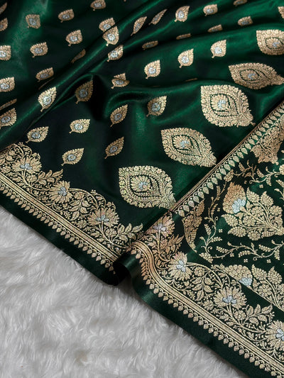 Banarasi Bottle Green Shades Minakari Booti Pattern Banarasi Satin Silk Saree SS60