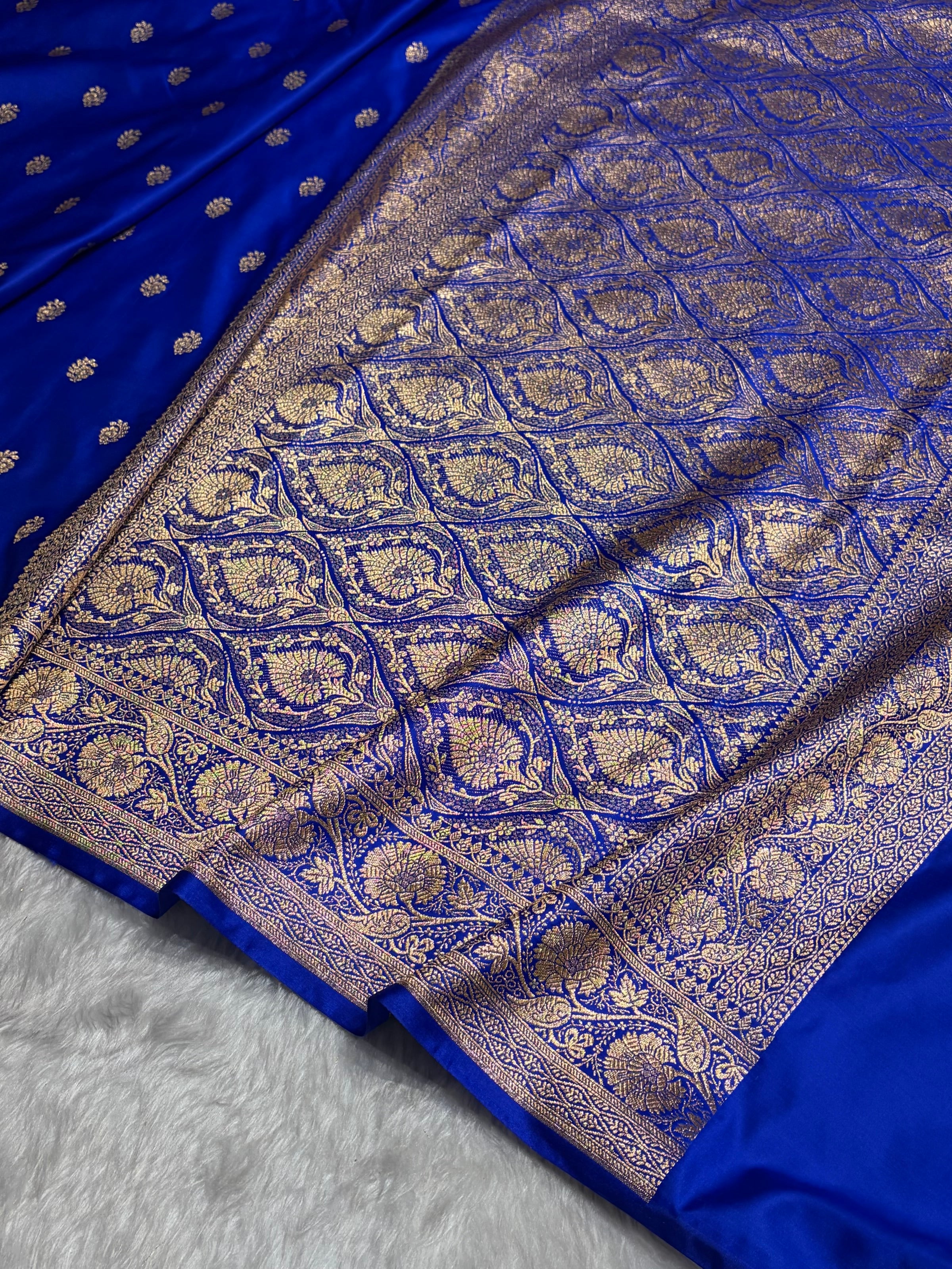 Royal Blue Floral Boota Pattern Satin Katan Silk Saree SK72