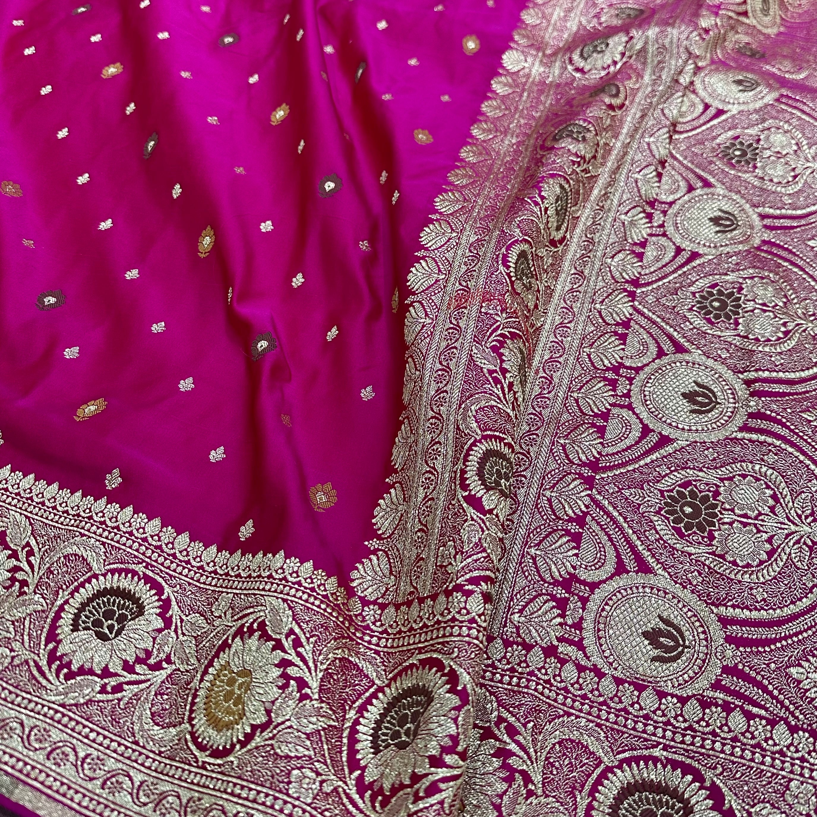 Mashru Katan Meena Silk Saree in Hot Pink Shades.