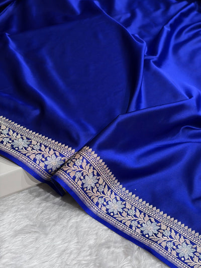 Royal Blue Shades Plain Banarasi With Minakari Floral Border Mashru Silk Saree MSM-123