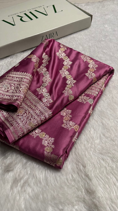Mauve Shades Minakari Mashru Silk Saree With Cross Pattern