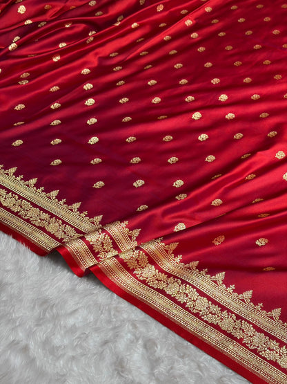 Magentic Red Floral Pattern Satin Katan Silk Saree SK76