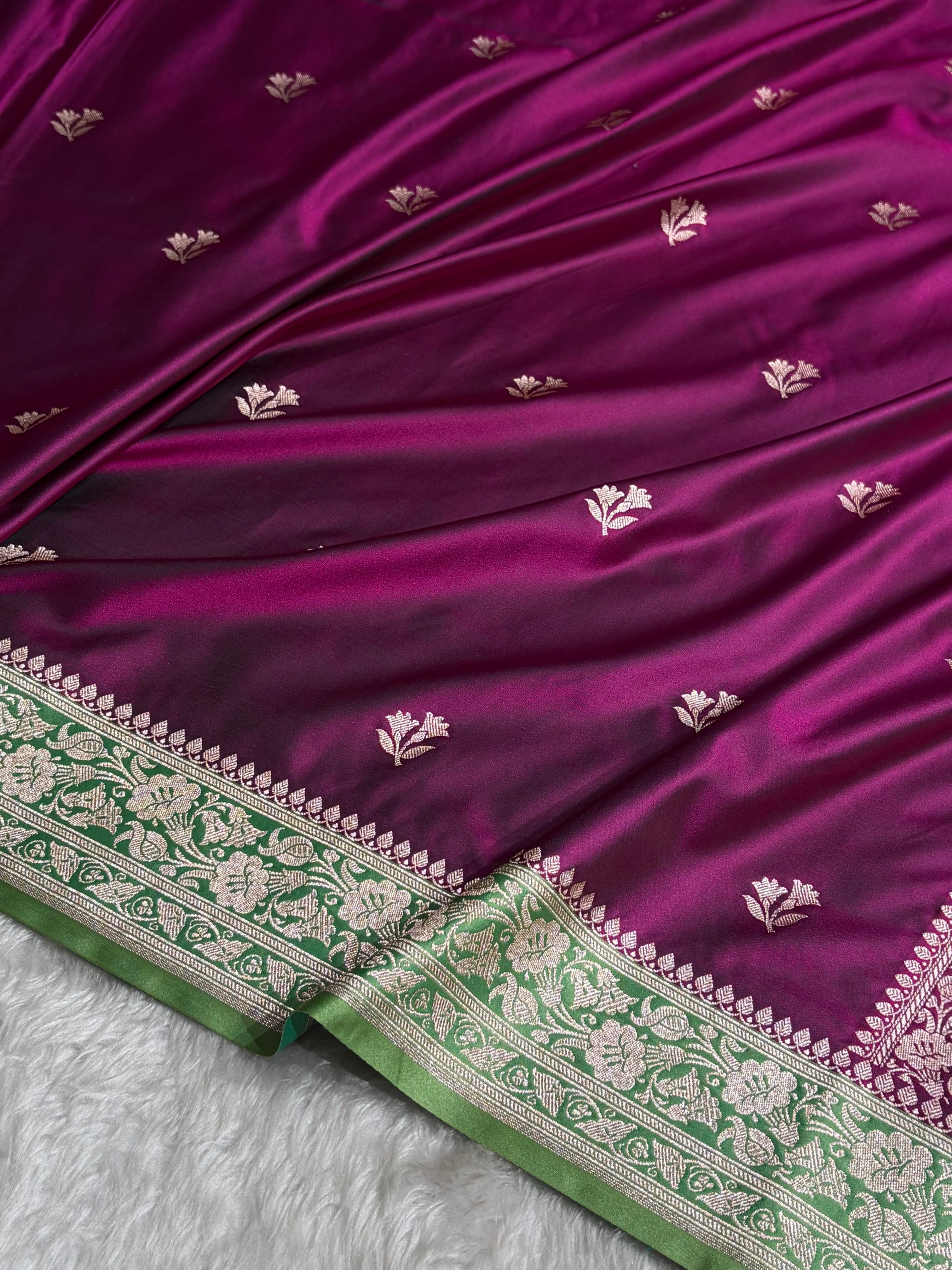 Contrast Wine / Olive Gold Shades Banarasi Booti Pattern Mashru Silk Saree MSM-138