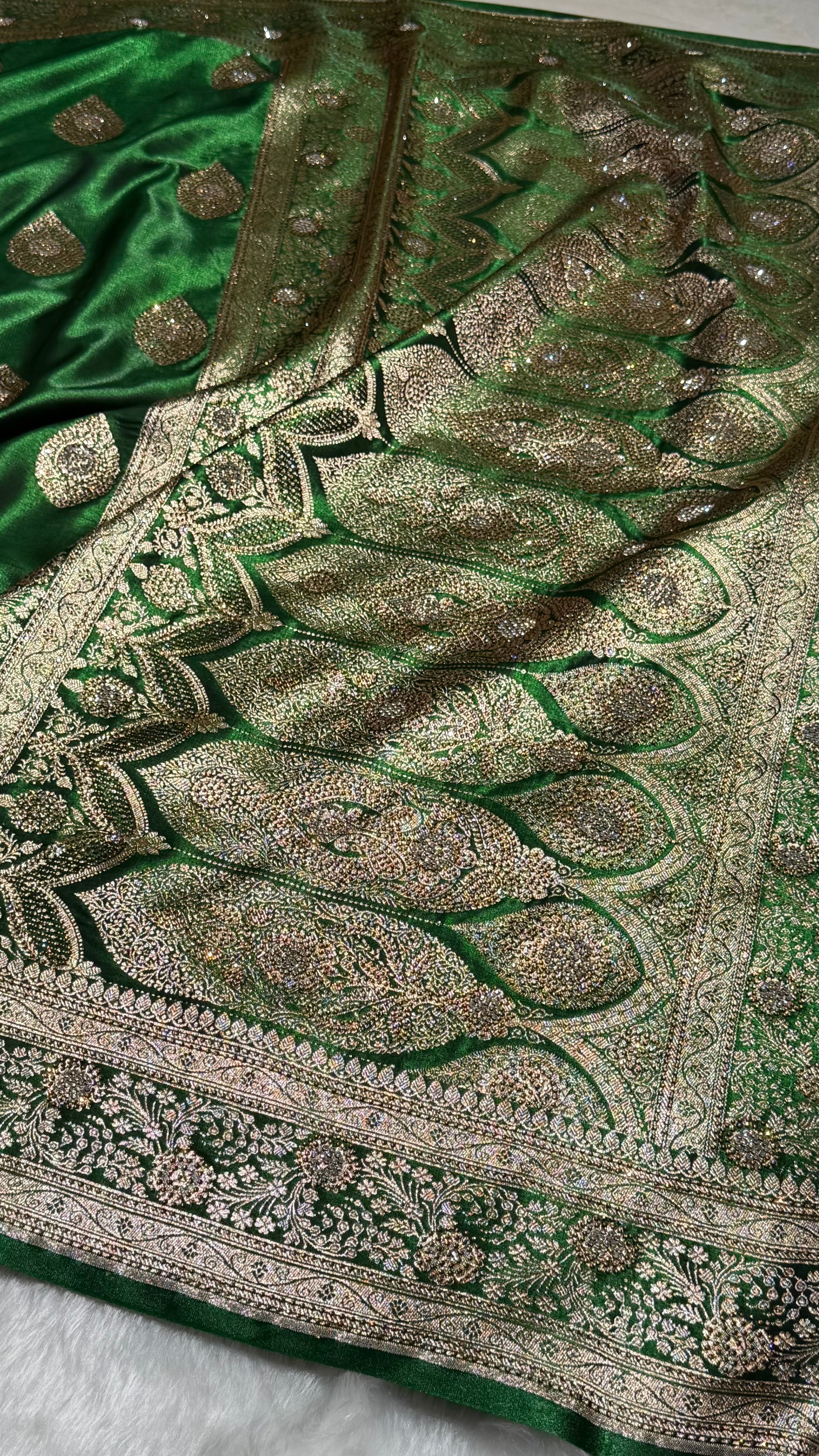 BottleGreen Shades Banarasi Satin Silk Boota with Swarovski Work