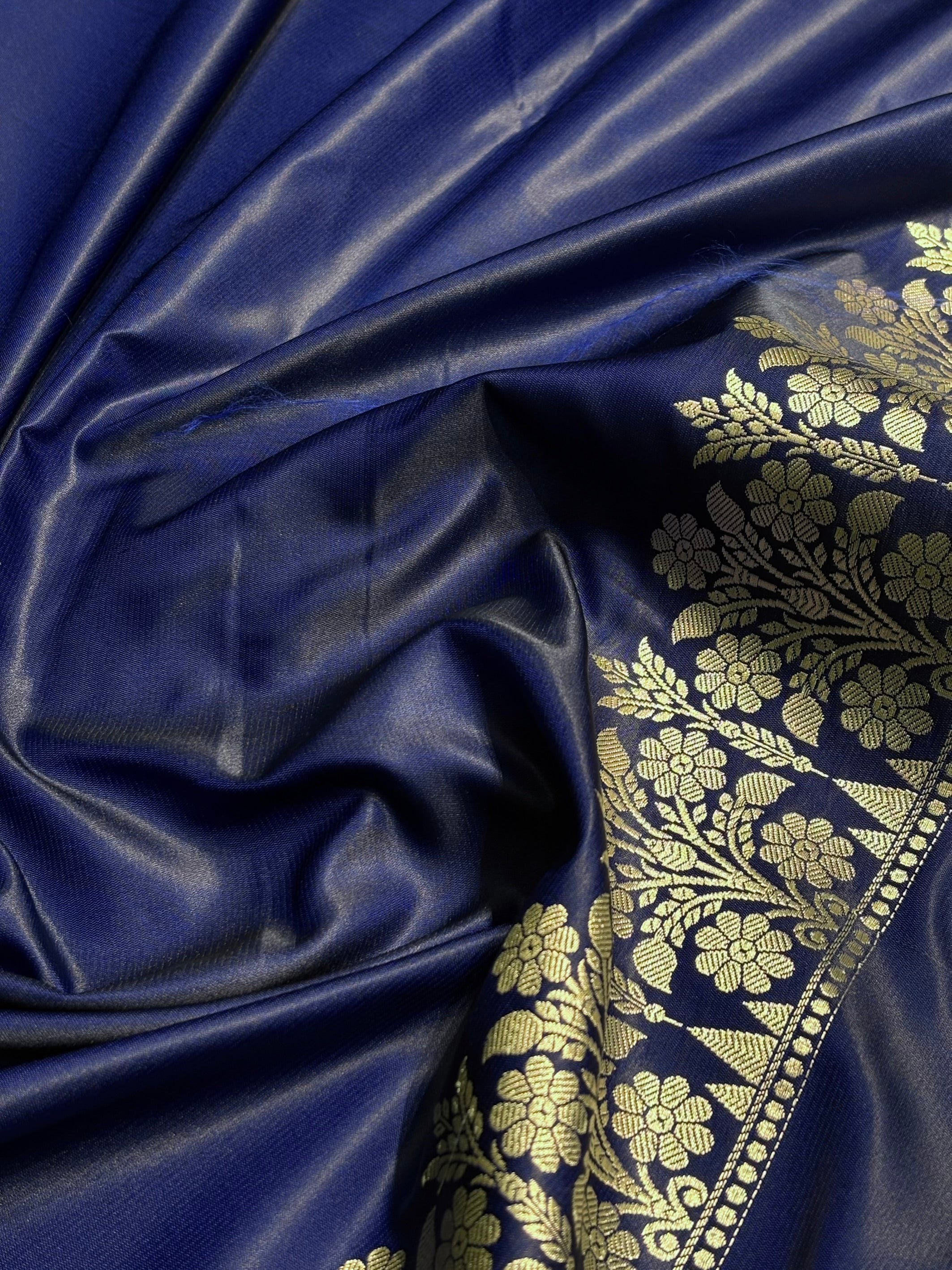 Navy Blue Floral Boota With Floral Border Mashru Silk Saree MSM 79