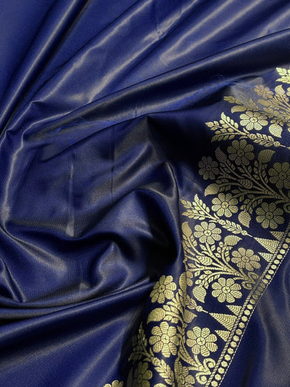 Navy Blue Floral Boota With Floral Border Mashru Silk Saree MSM 79