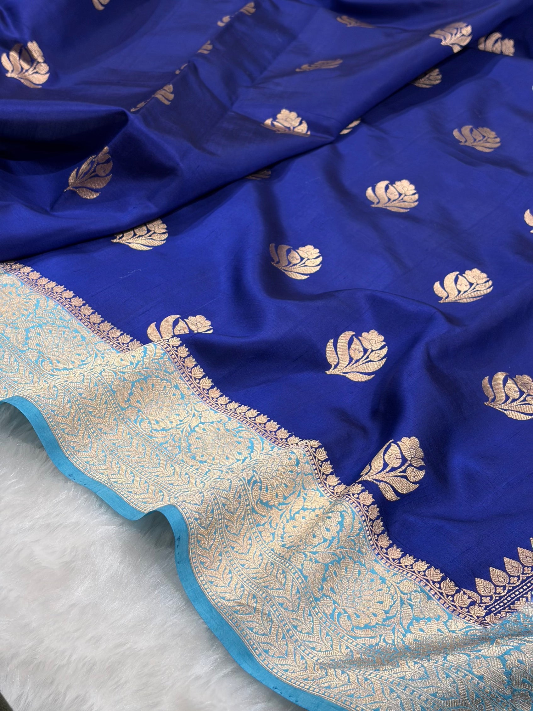 Banarasi Royal Blue With Sky Blue Contrast Shades Handwoven Pure Paper Silk Saree RM-91