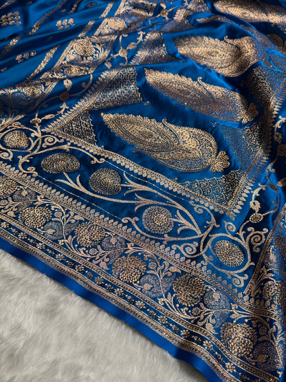 Dusty Blue Floral Boota Pattern With Banarasi Swarovski Stone Work Satin Katan Silk saree BSK39