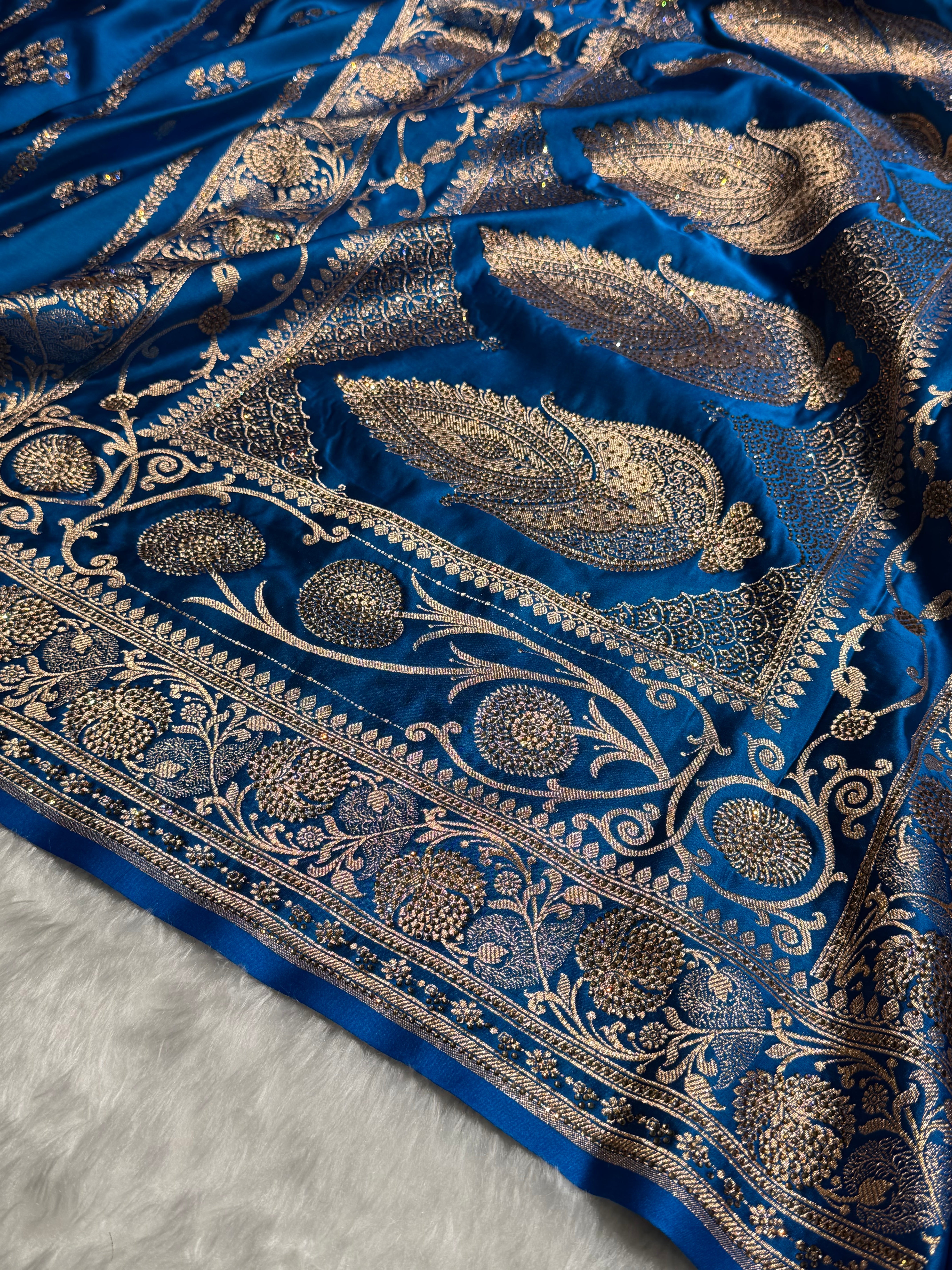 Dusty Blue Floral Boota Pattern With Banarasi Swarovski Stone Work Satin Katan Silk saree BSK39