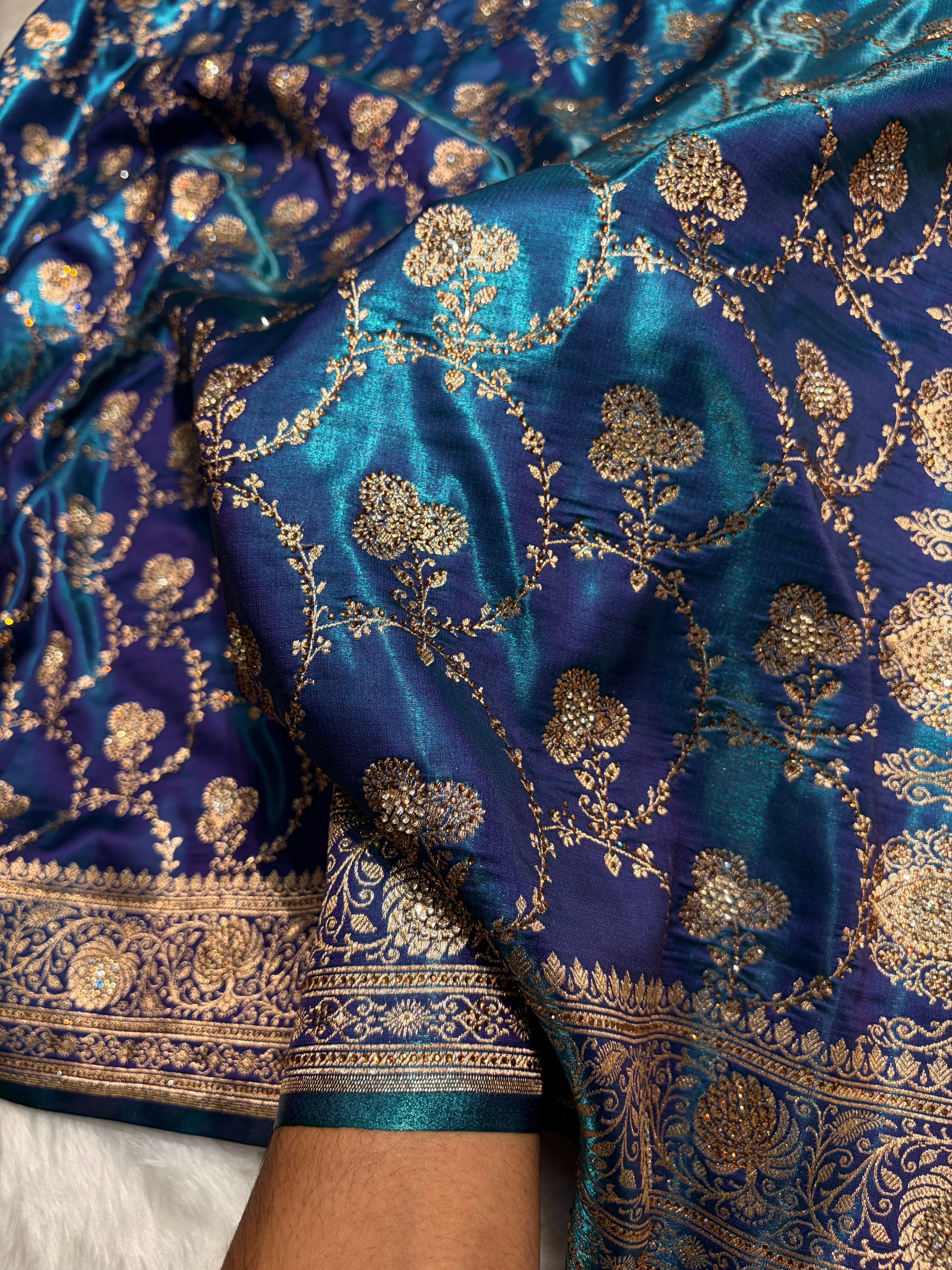 Satin Silk Saree Swarovski Work Jaal in Peacock Blue Shades BSS23