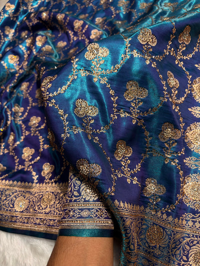Satin Silk Saree Banarasi Swarovski Work Jaal in Peacock Blue Shades BSS23