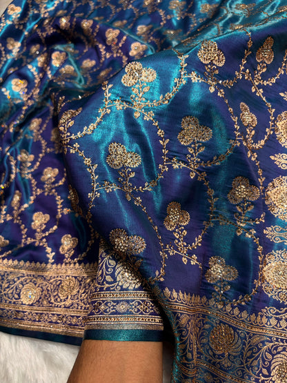 Satin Silk Saree Swarovski Work Jaal in Peacock Blue Shades BSS23