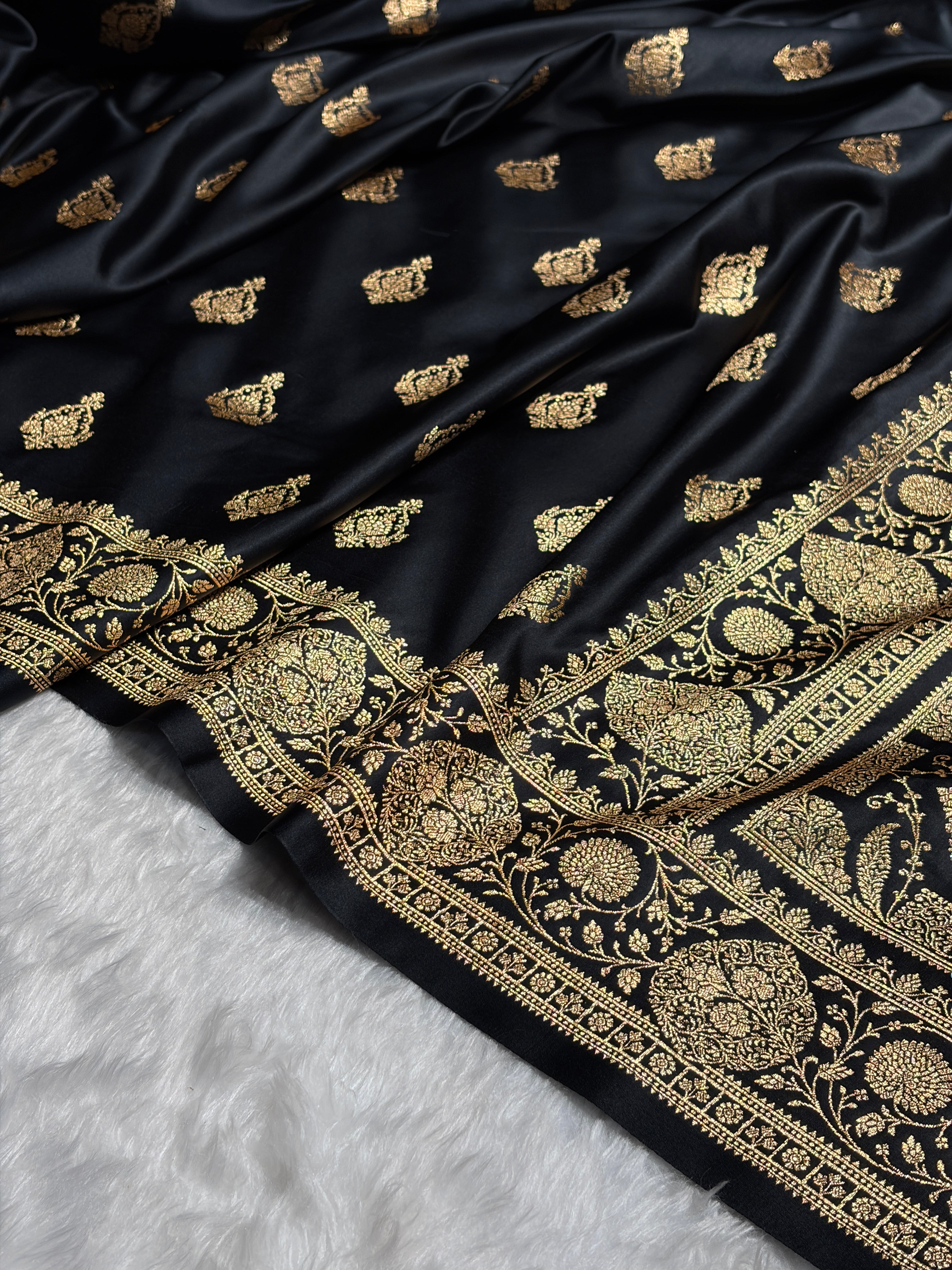 Banarasi Satin Katan Saree With Boota in Black Shades SK98