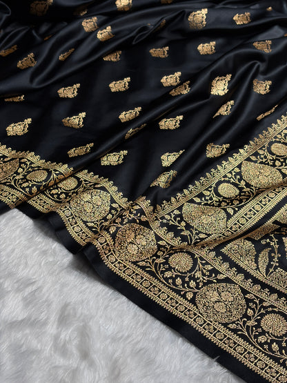Banarasi Satin Katan Saree With Boota in Black Shades SK98