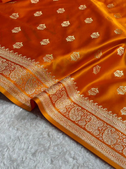 Banarasi Satin Katan Saree Booti Pattern in Fire Gold Shades SK137