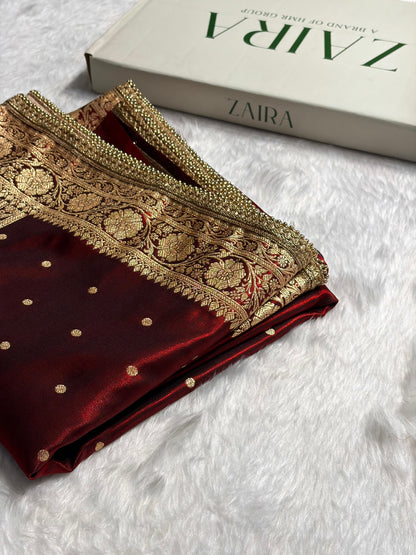 Satin Silk Dot Booti in Maroon Shades With Gotta Patti SSGP08