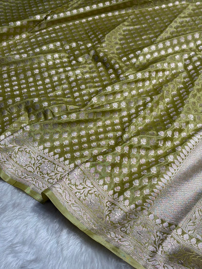 Light Mehendi Green Crepe Silky Katan Banarasi Saree CSK-01