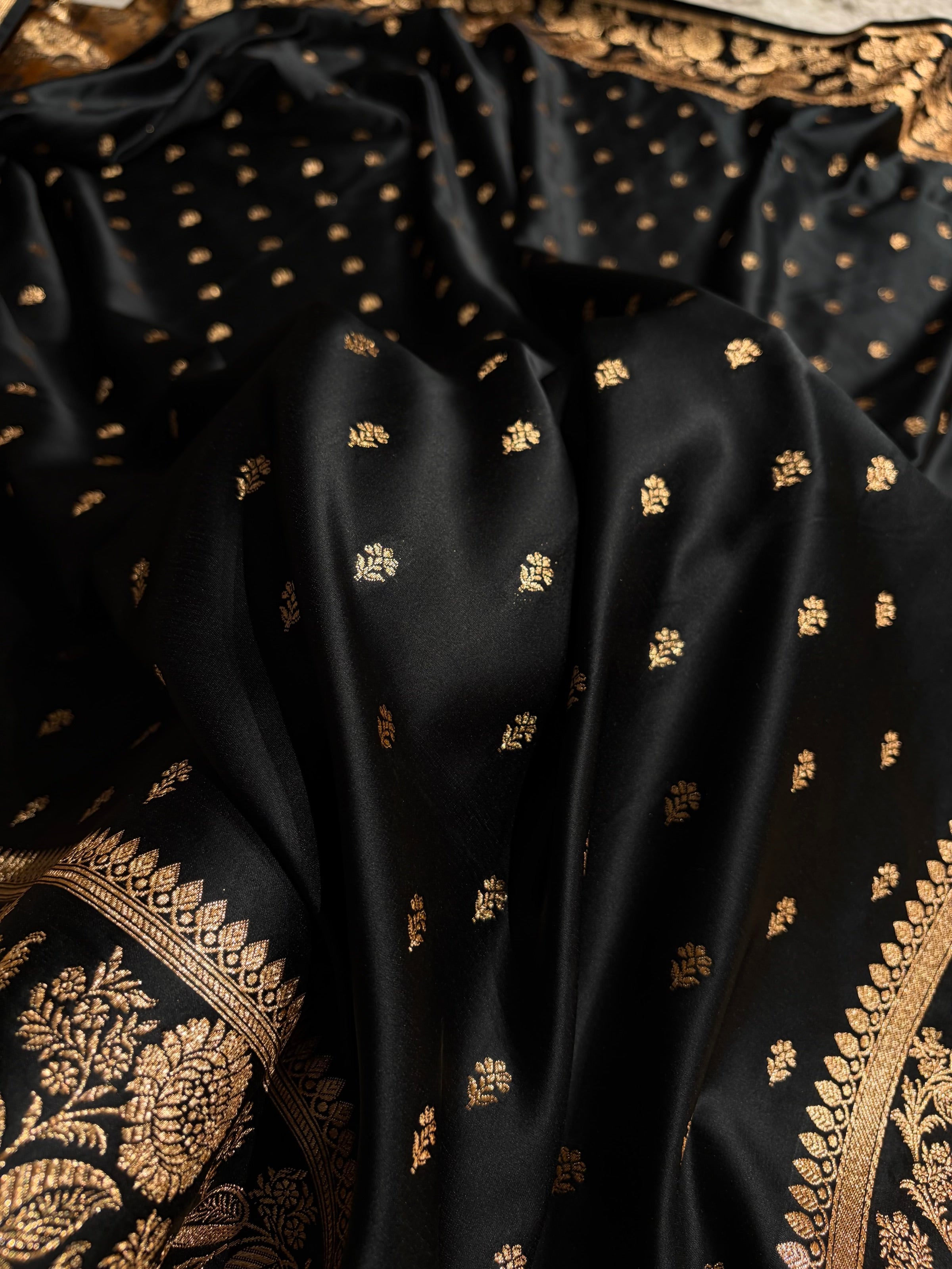 Black Floral Pattern Satin Katan Silk Saree SK77