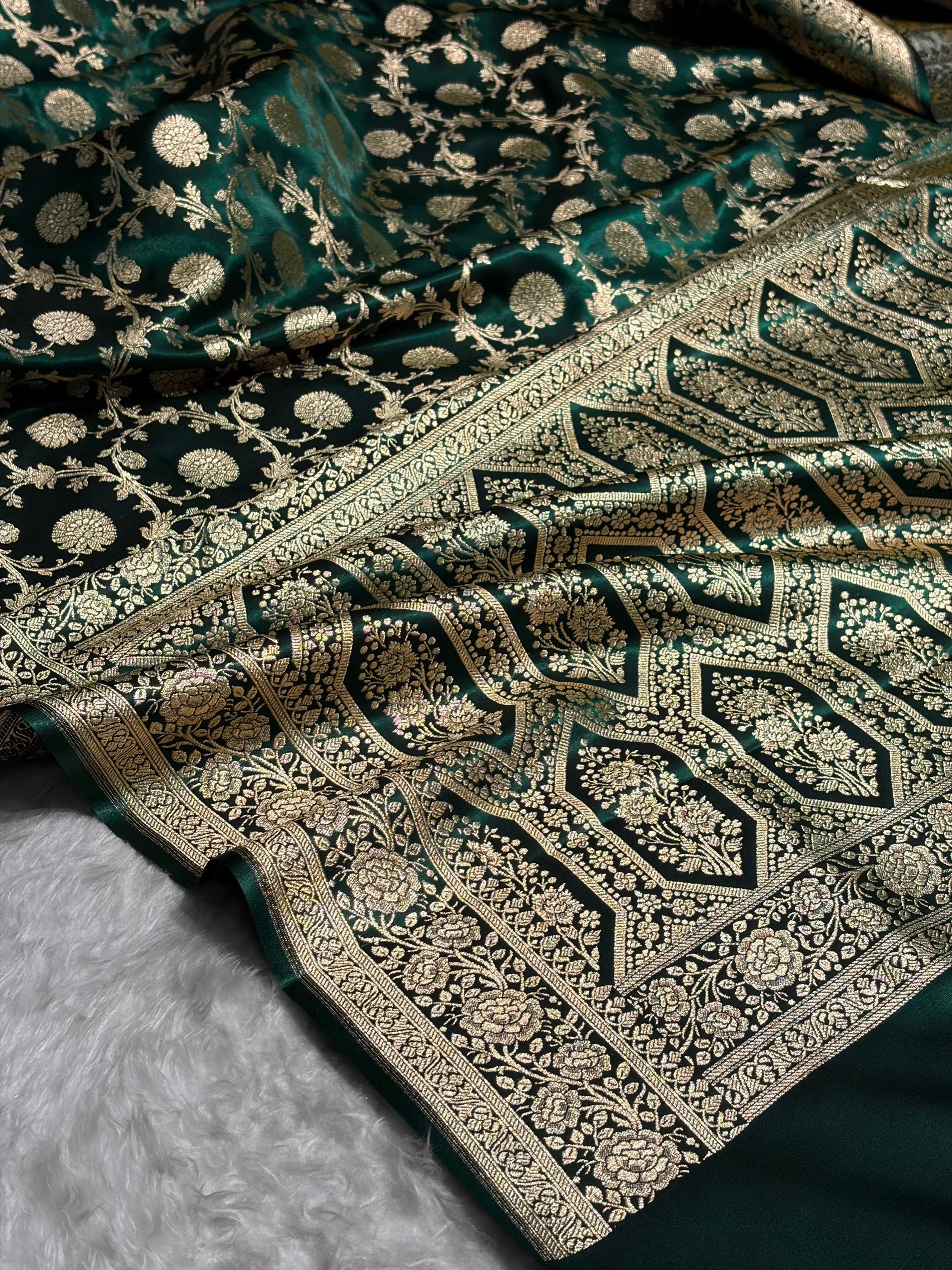 Banarasi Light Weight Dark Bottle Green shades Satin Silk Saree SS15