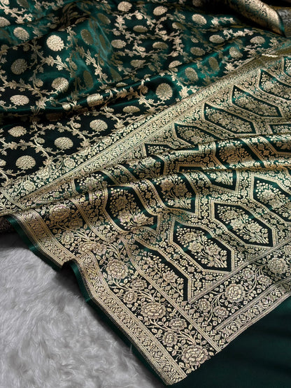 Banarasi Light Weight Dark Bottle Green shades Satin Silk Saree SS15