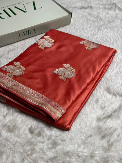 Strawberry Sona Rupa Minakari Floral Motif Mashru Silk Saree MCS50